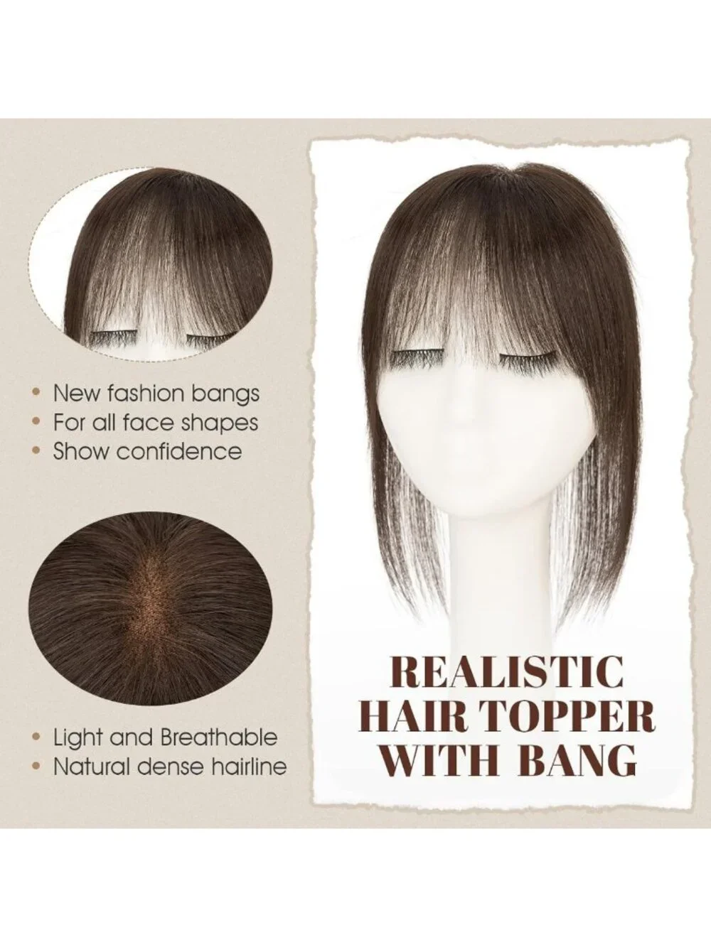 360° 3D Human Hair Topper for Thinning Hair - Ultra Thin Clip-In Bangs, 12 Inch